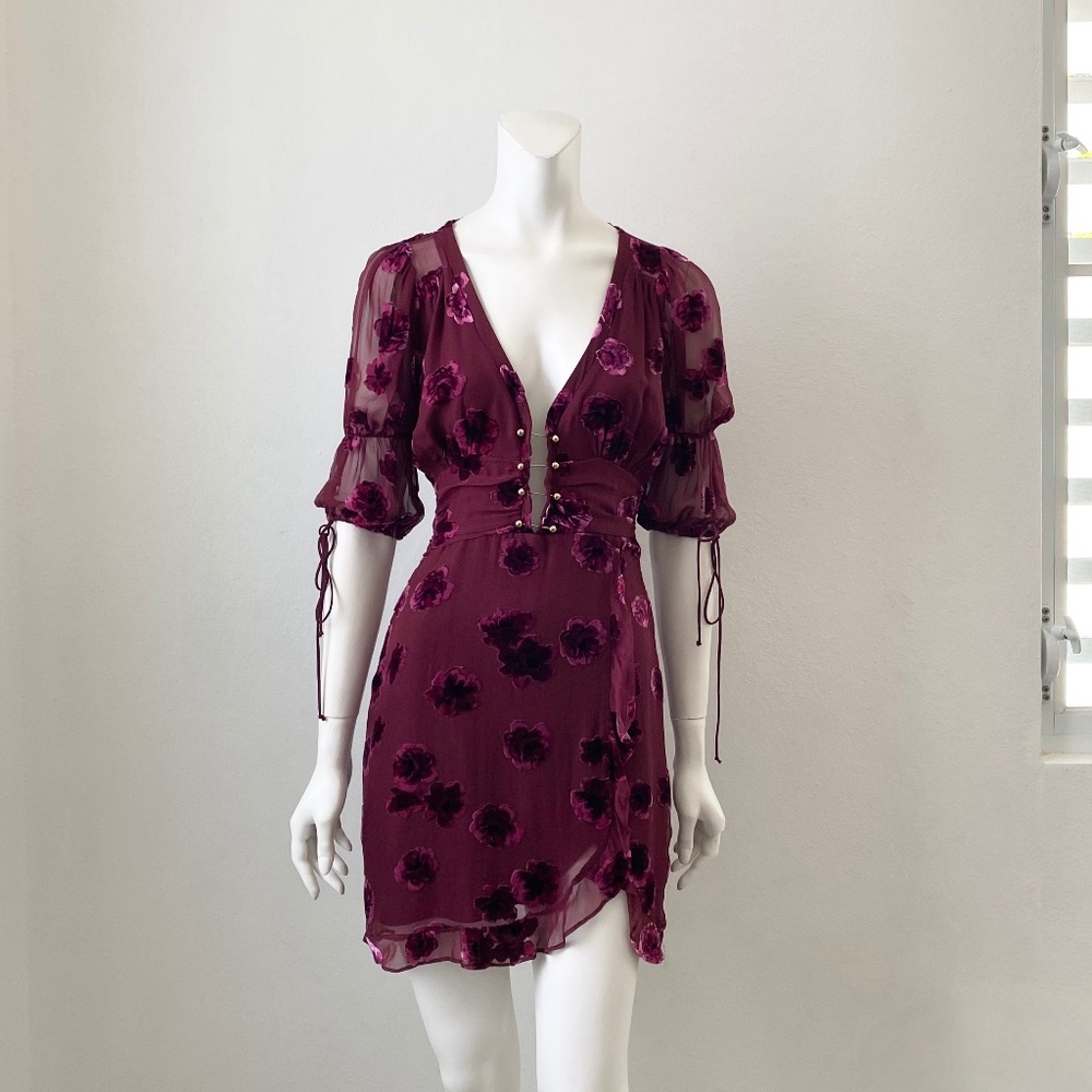 Women's Burgundy Floral V-Neck Wrap Dress